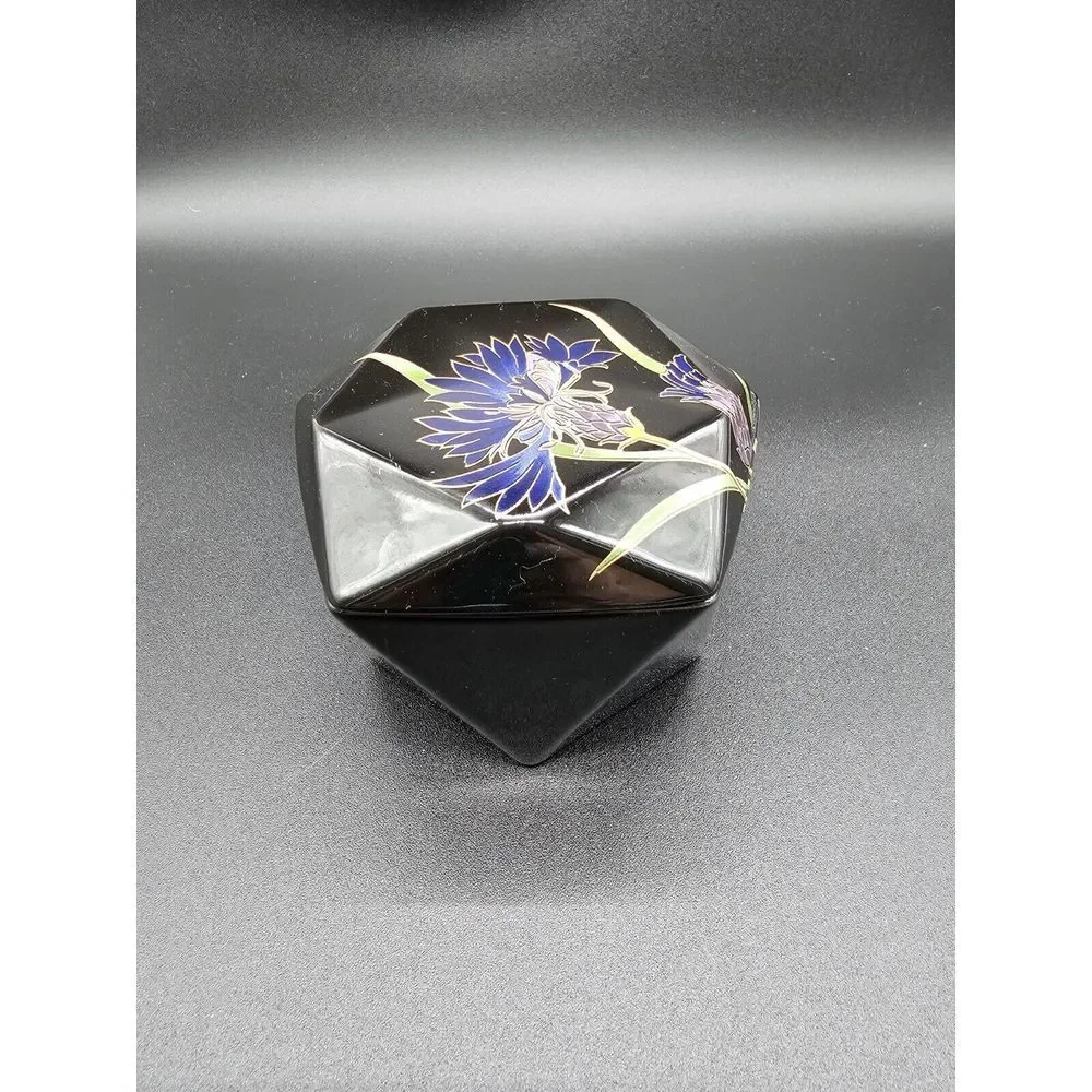 Vintage Otagiri Floral Trinket Box Purple‎ Black 5 Sided